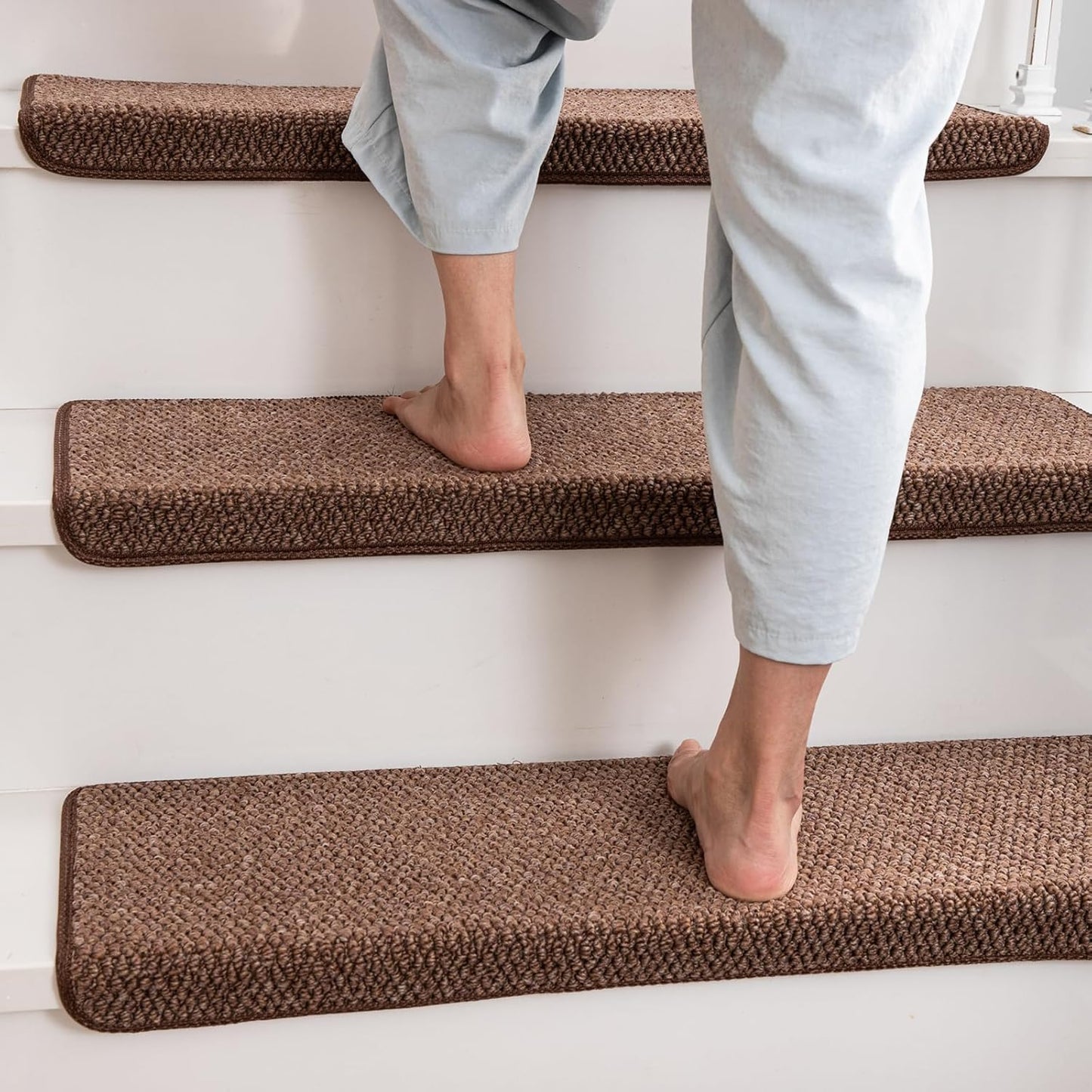 Bullnose Carpet Faux Sisal Stair Treads | Set of 14 | Stair Treads for Wooden Steps Indoor Anti Slip Braided Staircase Protector Pet Friendly Rugs Covers 9.44" X 29.5"x 1.9",Golden