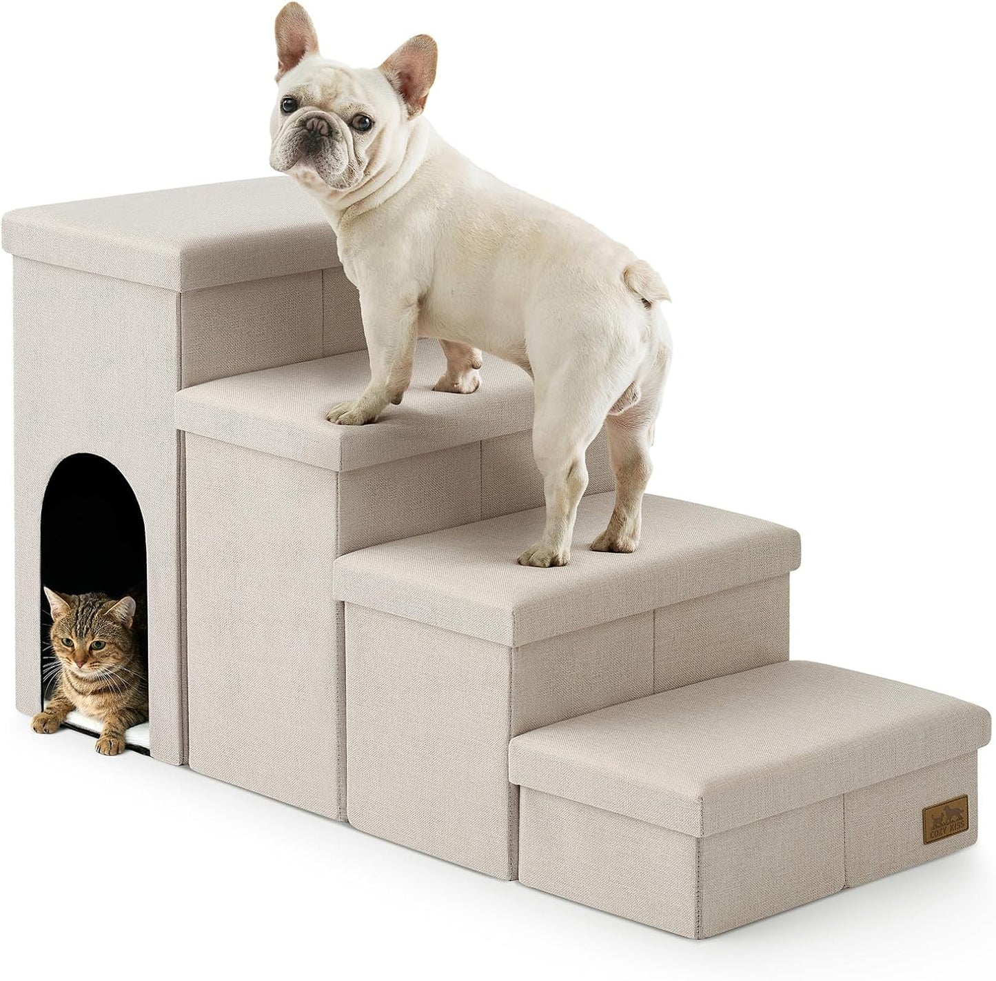 Dog Stairs with Storage, 4-Step Wider Sturdy Dog Steps for Small/Medium/Large Dogs and Older Cats, Folding Doggie Ramp for Bed/Couch/Car Hold Up to 180 lbs (22" H, Brown)