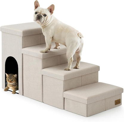 Dog Stairs with Storage, 4-Step Wider Sturdy Dog Steps for Small/Medium/Large Dogs and Older Cats, Folding Doggie Ramp for Bed/Couch/Car Hold Up to 180 lbs (22" H, Brown)