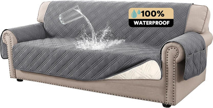 PrinceDeco 100% Waterproof Couch Cover for 3 Cushion Couch Sofa Pet Friendly Non-Slip Couch Cover for Dogs Washable Water Resistant Furniture Protector with Elastic Straps(Sofa 68", French Oak)