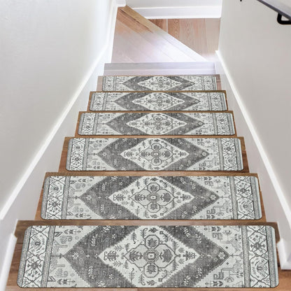 OJIA Non-Slip Carpet Stair Treads for Wooden Steps Set of 15, 30''X8'' Indoor Runner Resistant Rugs Rubber Safety Mats for Dogs, Kids & Elders, Stairway Grip