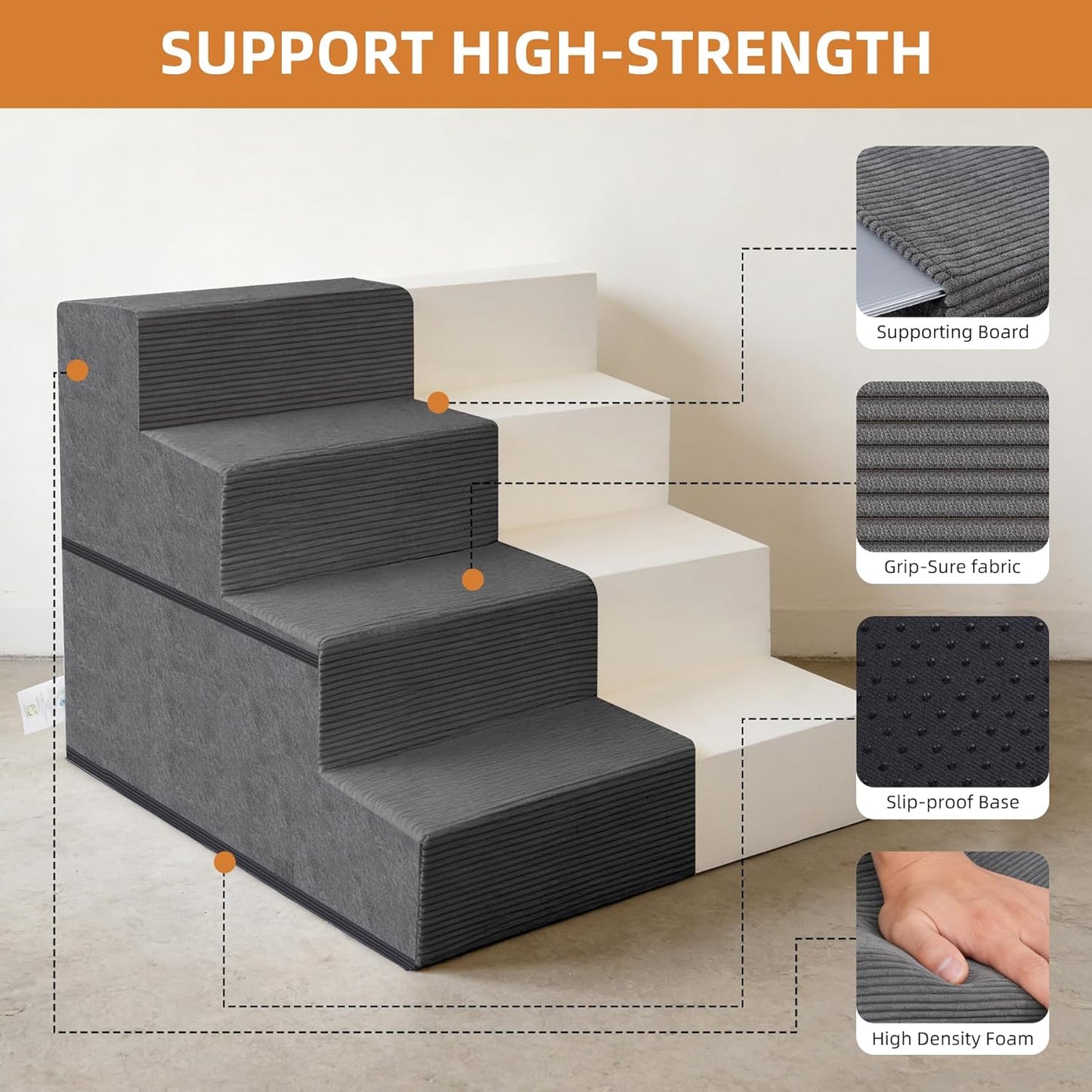 Dog Stairs for Small Dogs, 13.5" H, 3-Step Pet Steps for Couch Sofa and Chair, Non-Slip Balanced Pet Ramp for Medium Cats,Indoor Dog Ladder, Grey