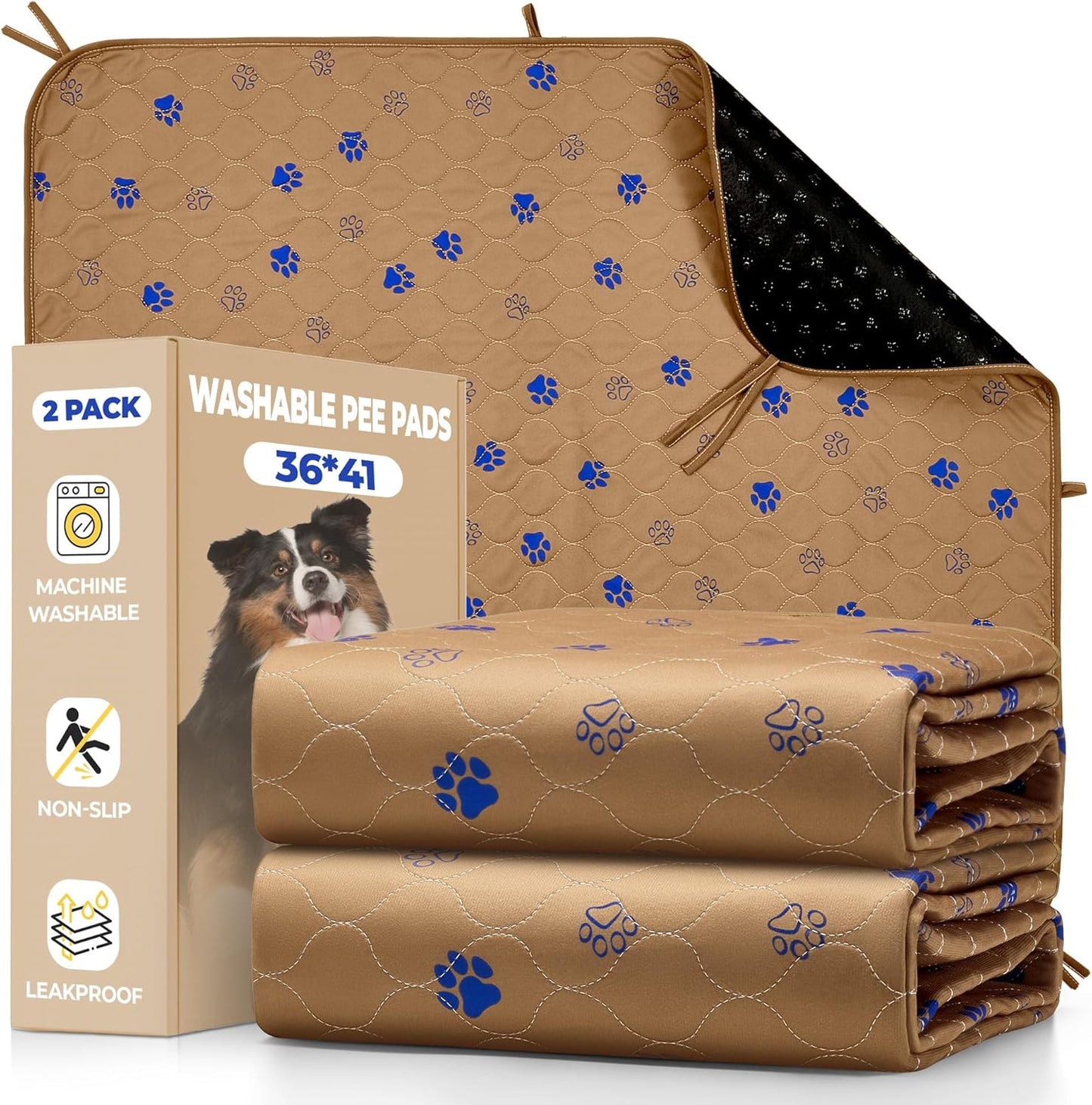 Fostanfly Washable Pee Pads for Dogs, 2 Pack Large 36"x41" Ultra-Absorbent and Leak-Proof Non-Slip Reusable Potty Training Pads for Dogs, Cats, Puppy, Potty Training of Add 8 Lanyards