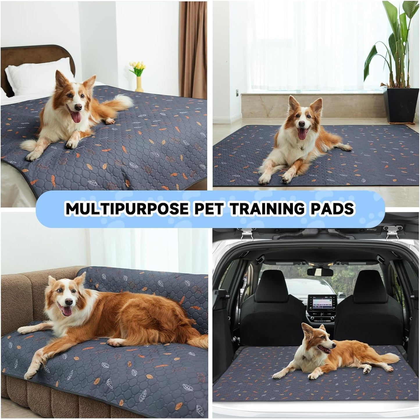 Sunheir Washable Pee Pads for Dogs Large 48" x 48" 2-Pack Reusable Puppy Pads Pet Training Pads, Absorb Dog Mats, Whelping Pad, Non-Slip Protects Against Urine Leakage (Leaves - Deep Grey, 48x48)