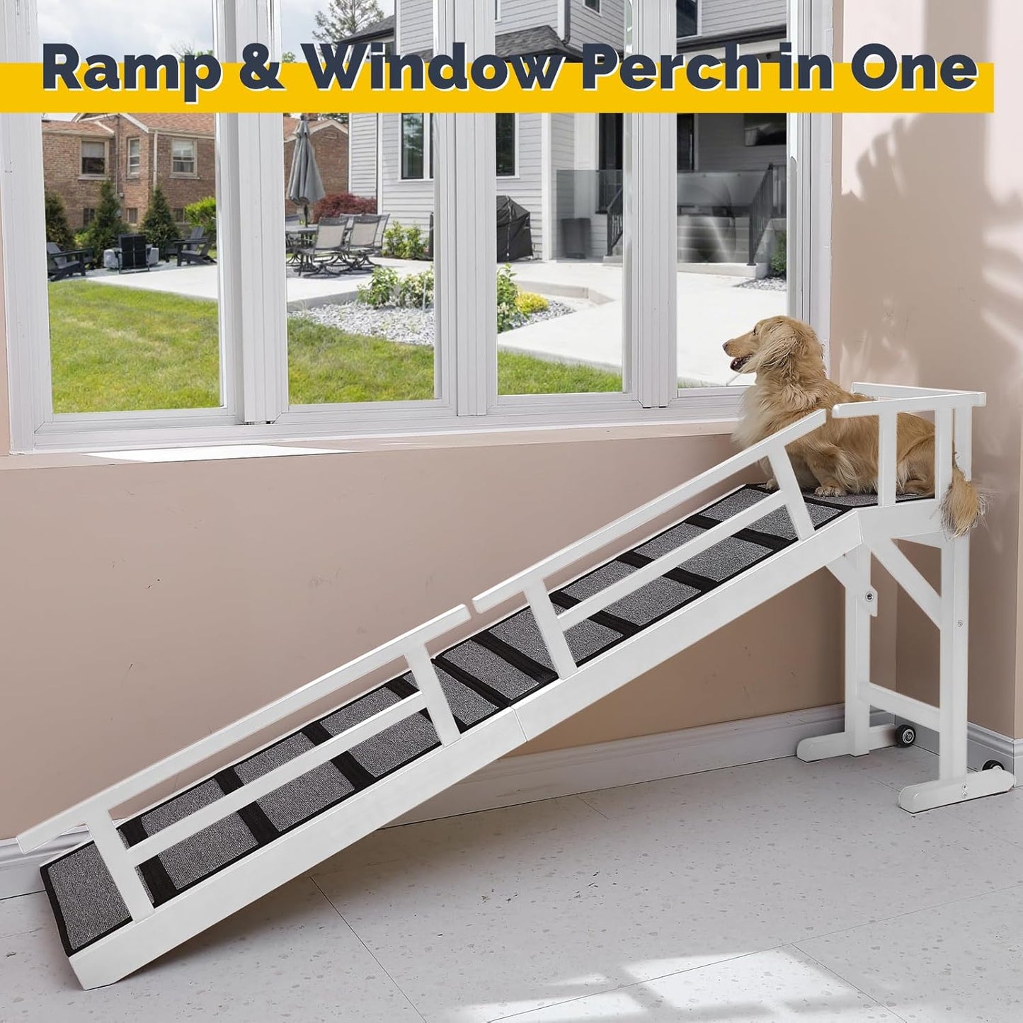 Dog Ramp for Bed or Couch, Wooden Pet Ramp with 20° Gentle Slope, Removable Side Rails, Non-Slip Surface, Top Platform & Wheels, Safe Bed Ramp for Small, Large & Senior Dogs, 60" Long, Mahogany
