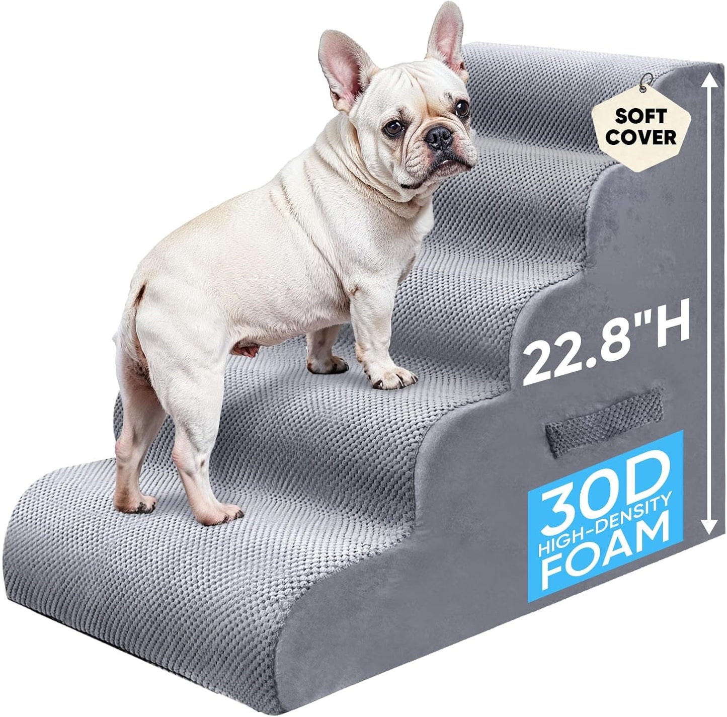 PAWSCRAT Pet Stairs for Dogs 4-Step, 19.6" H Pet Stairs for High Bed, Couch Sofa & Chair, 30D Material Soft Foam Dog Steps with Non-Slip Bottom Surface Removable Washable Cover, Grey