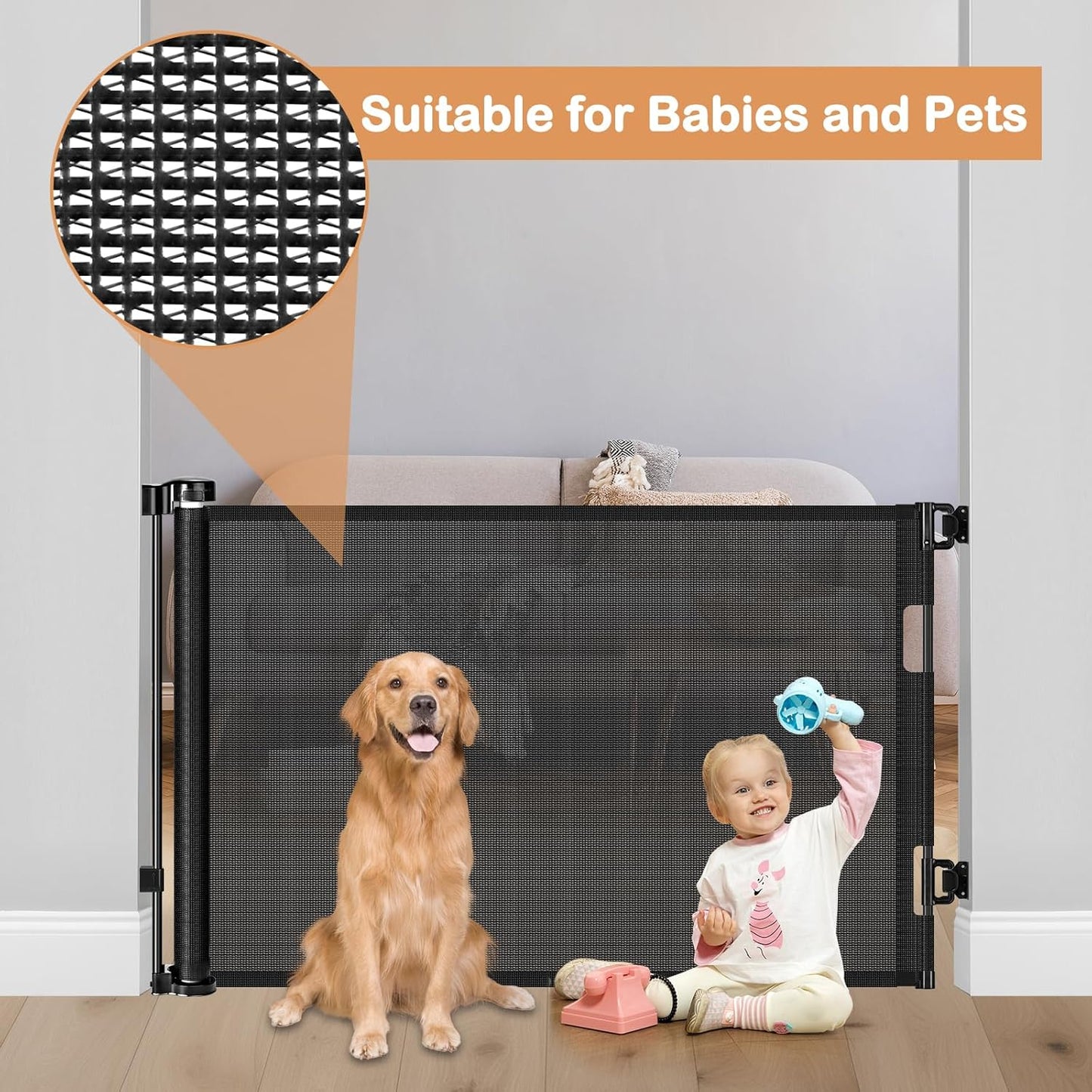 Retractable Dog Gate for The House 33" Tall X 55" Wide Mesh Baby Gate Retractable Baby Gates for Doorways Scratch-Resistant Outdoor Dog Gates Indoor Prevent Kids or Pets from Crawling Under, Gray