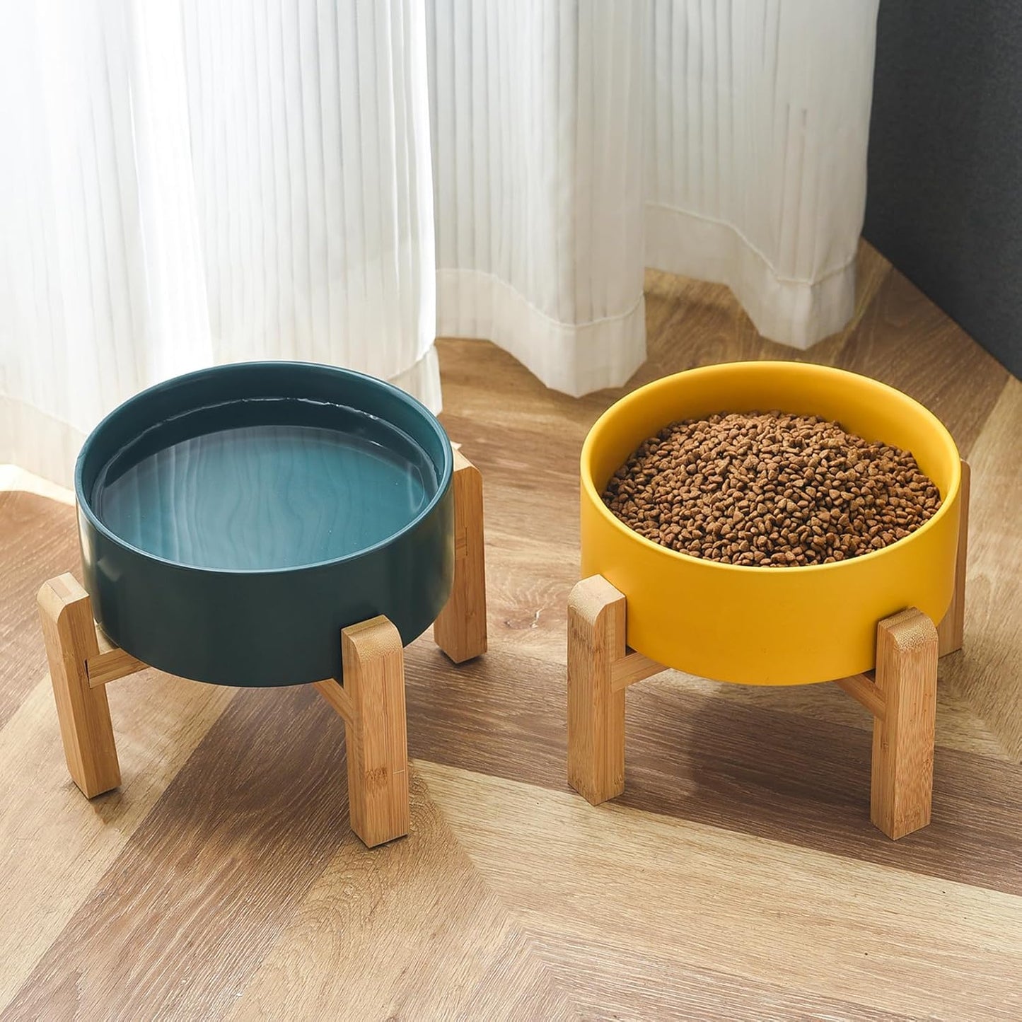 6'' Ceramic Raised Dog Bowl - 30Oz Dog Food & Water Bowl with Elevated Non-Slip Bamboo Stand, Dishwasher & Microwave Safe, Anti Vomiting Heavy Duty Pet Bowl for Small and Medium Dogs, White
