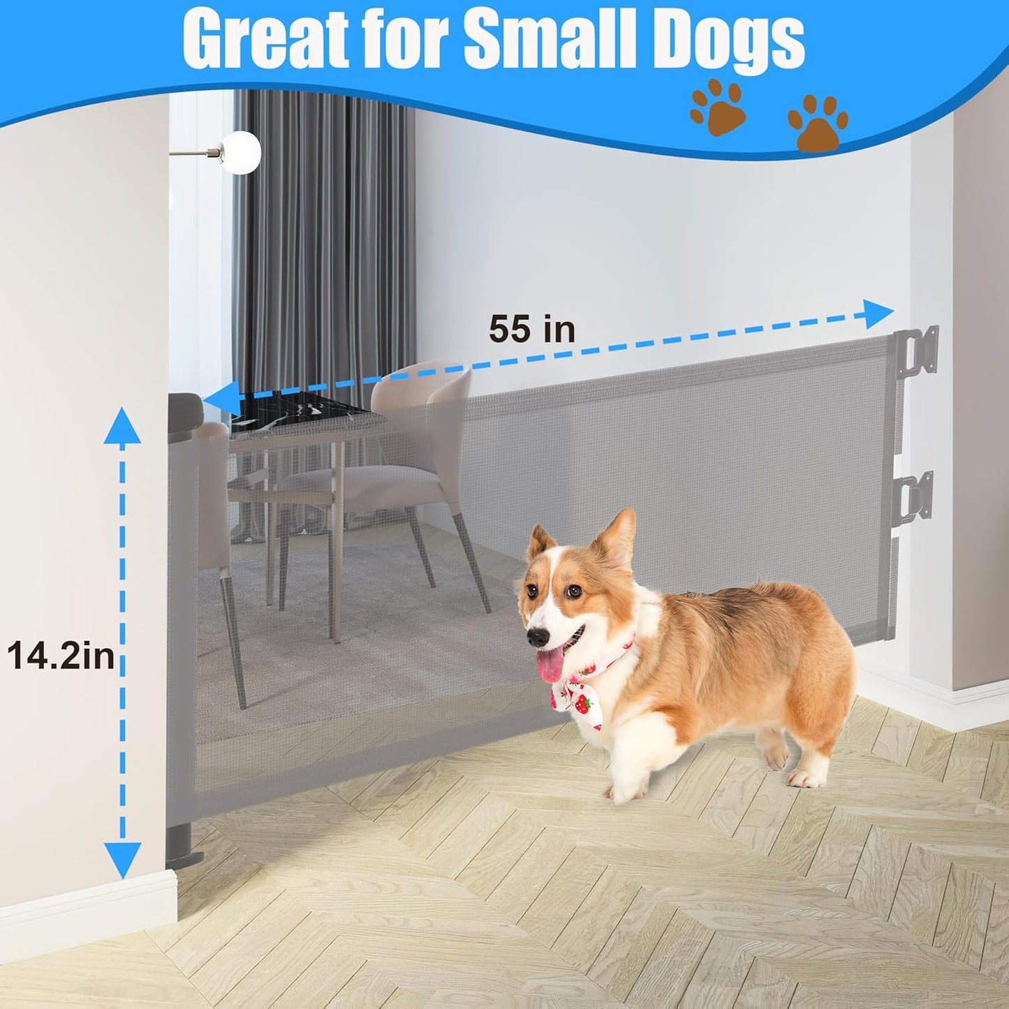 2 Pack Short Dog Gate Pet Gates Puppy Gate 14" H 59" Wide Step Over Pet Fence, Mesh Retractable Indoor Outdoor Expands Up to 59 Inches Small Dog Gates for Doorways Stairs