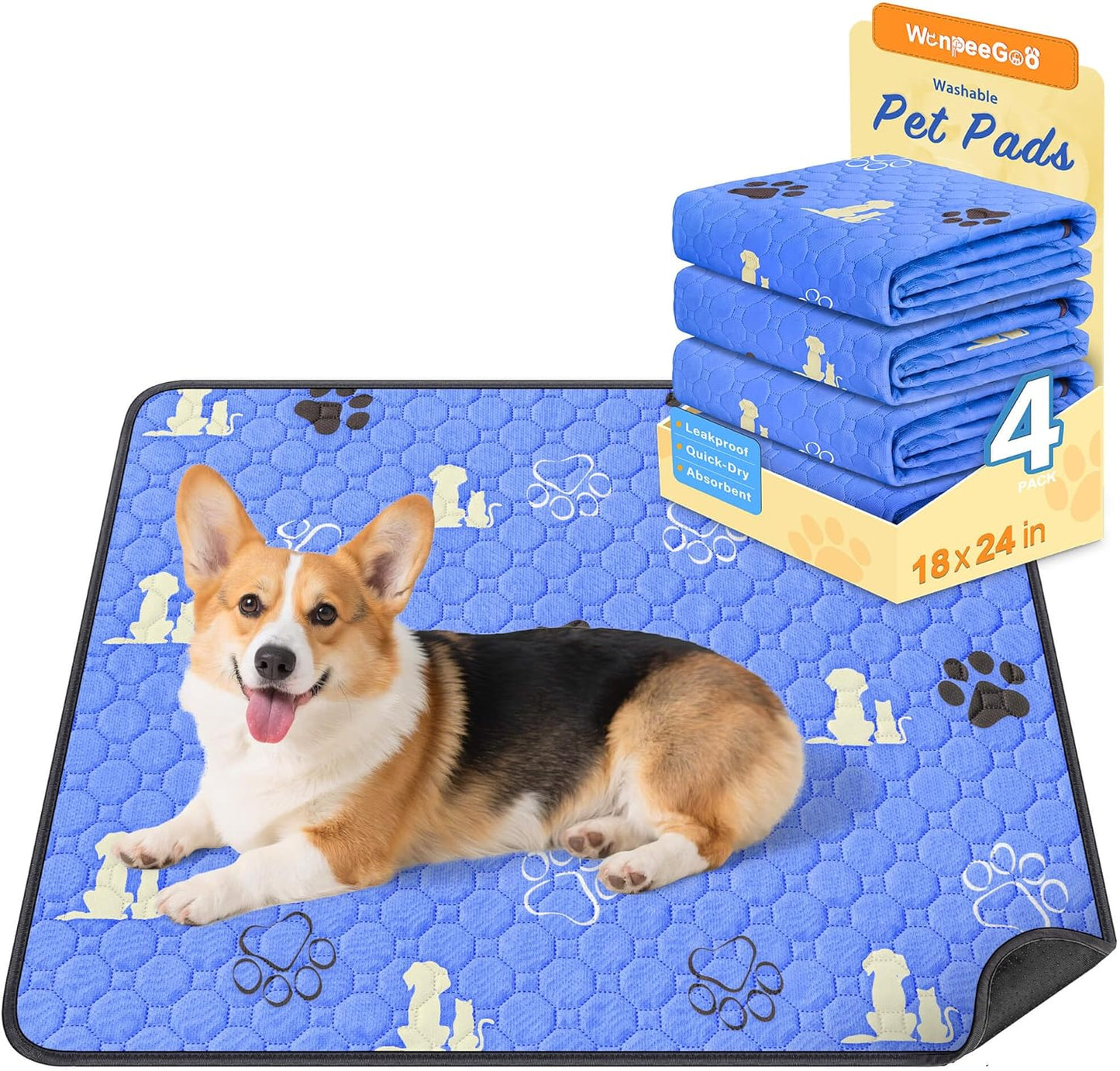WanpeeGoo Washable Pee Pads for Dogs, 4 Pack Absorbent Reusable Training Dog Pads Pet Puppy Pads, Non-Slip Potty Pads for Whelping, Playpen, Crate, Bed, Grey 18"x24"