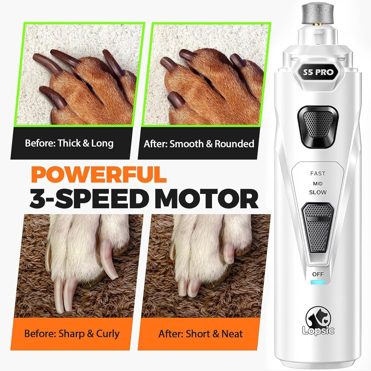 Whisper Quiet Dog Nail Grinder with 4 LED Lights, Safe & Stress-Free for Sensitive Dogs Cats of All Breeds & Sizes, 3 Grinding Bits, 3-Speed, Pet Nail Trimmers, Rechargeable Painless Grooming Kit