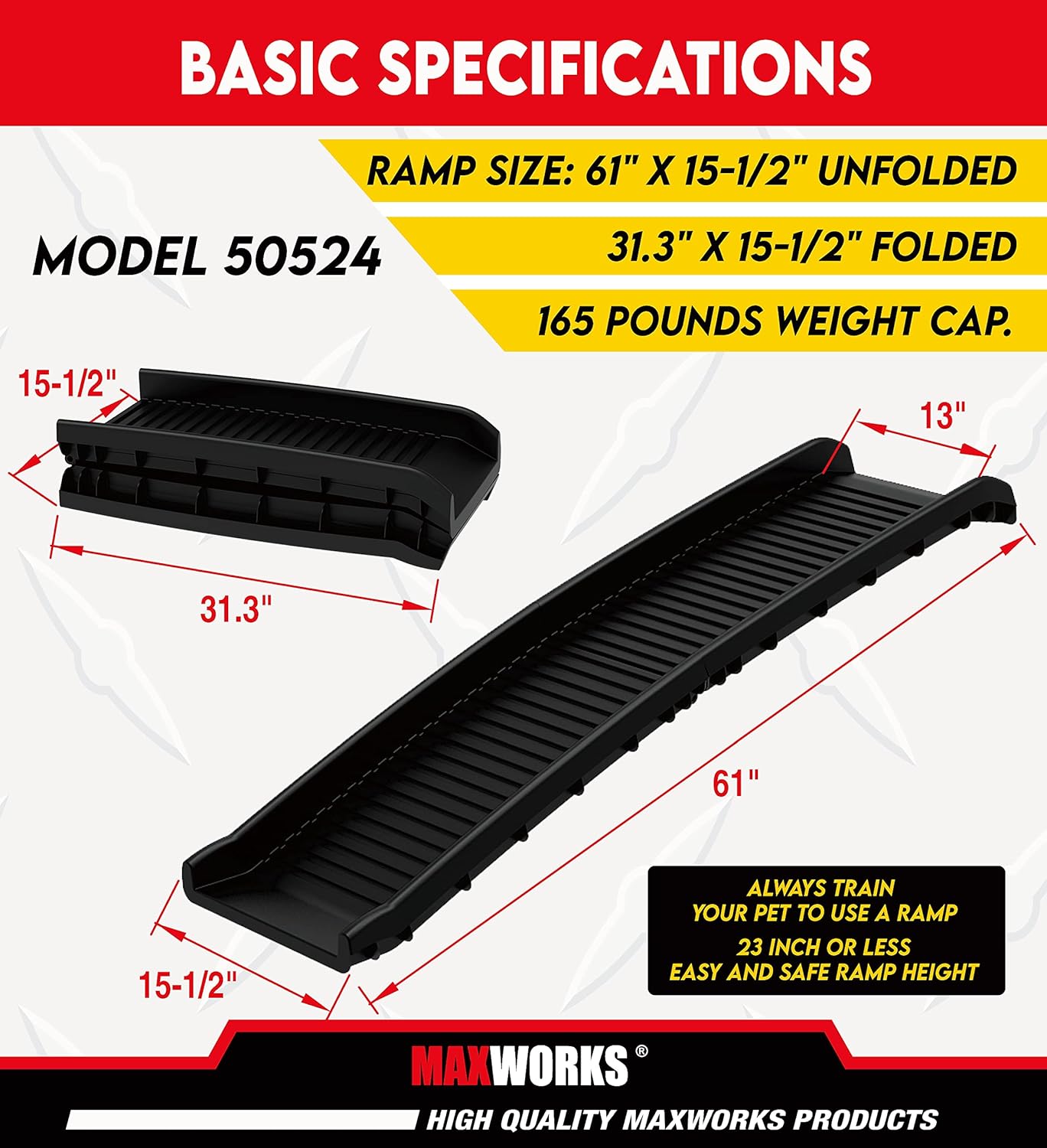 PawStep 61" Folding Pet Ramp, Portable Dog Ramp for Cars, SUVs, Beds & Couches, Lightweight PP Construction, Textured Surface, Optional Carpet for Added Traction, 165 lb Capacity (50524)