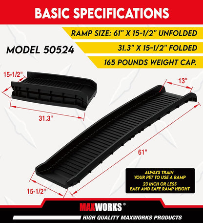 PawStep 61" Folding Pet Ramp, Portable Dog Ramp for Cars, SUVs, Beds & Couches, Lightweight PP Construction, Textured Surface, Optional Carpet for Added Traction, 165 lb Capacity (50524)