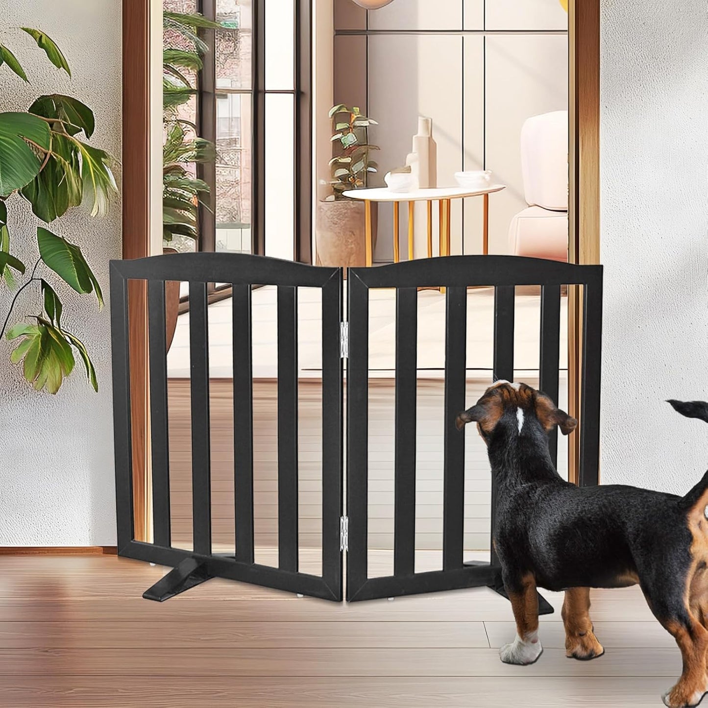 ZJSF Foldable Freestanding Indoor Dog Gate for House Wood White Long Pet Gates Dog Fence for Stairs Puppy Gates for Hallways,Pet Fence, Puppy Gate,Support Feet Included 24 "Height-3 Panels
