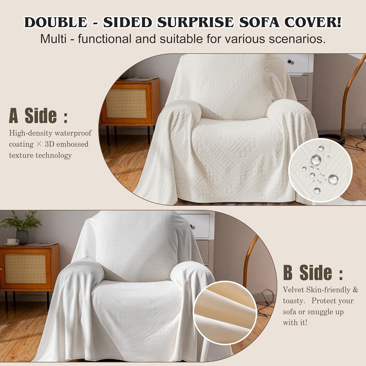 Waterproof Couch Cover, Reversible, Pet-Friendly, Washable and Anti-Slip Couch Covers for Sofa Protection with 3 Cushions, Sofa Slipcovers for Dogs and Cats (71×118in/Brown)