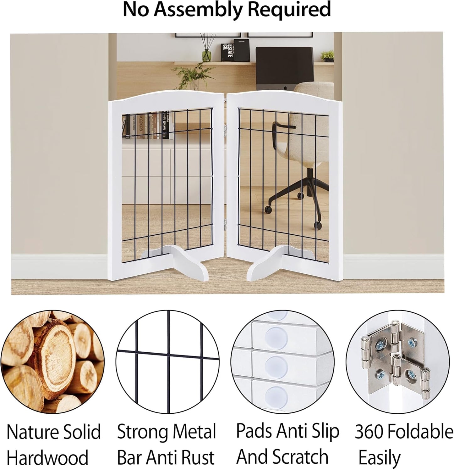 LZRS 2-Panel Freestanding Foldable Wood Dog Gate – Solid Wood & Steel Wire, Chew-Resistant Pet Barrier for Indoor Use, Ideal for Small to Medium Dogs, White