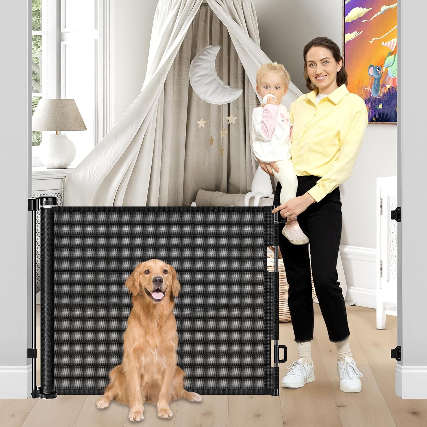 Retractable Dog Gate for The House 33" Tall X 55" Wide Mesh Baby Gate Retractable Baby Gates for Doorways Scratch-Resistant Outdoor Dog Gates Indoor Prevent Kids or Pets from Crawling Under, Gray