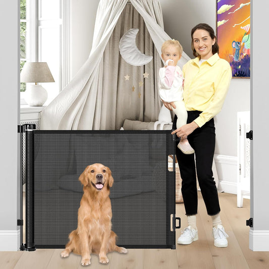 Retractable Dog Gate for The House 33" Tall X 55" Wide Mesh Baby Gate Retractable Baby Gates for Doorways Scratch-Resistant Outdoor Dog Gates Indoor Prevent Kids or Pets from Crawling Under, Gray