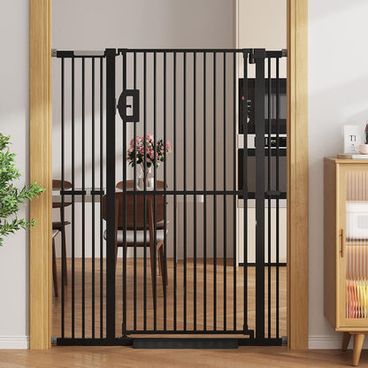 Jekriuet 57" Extra Tall Pet Gate, Auto Close Dog Door Pressure Mounted No Drilling for Doorways, Hallways, Stairs, Expandable 27.5"-38.5" Wide, Narrow 1.18" Spacing for Small Dogs & Puppies, Black
