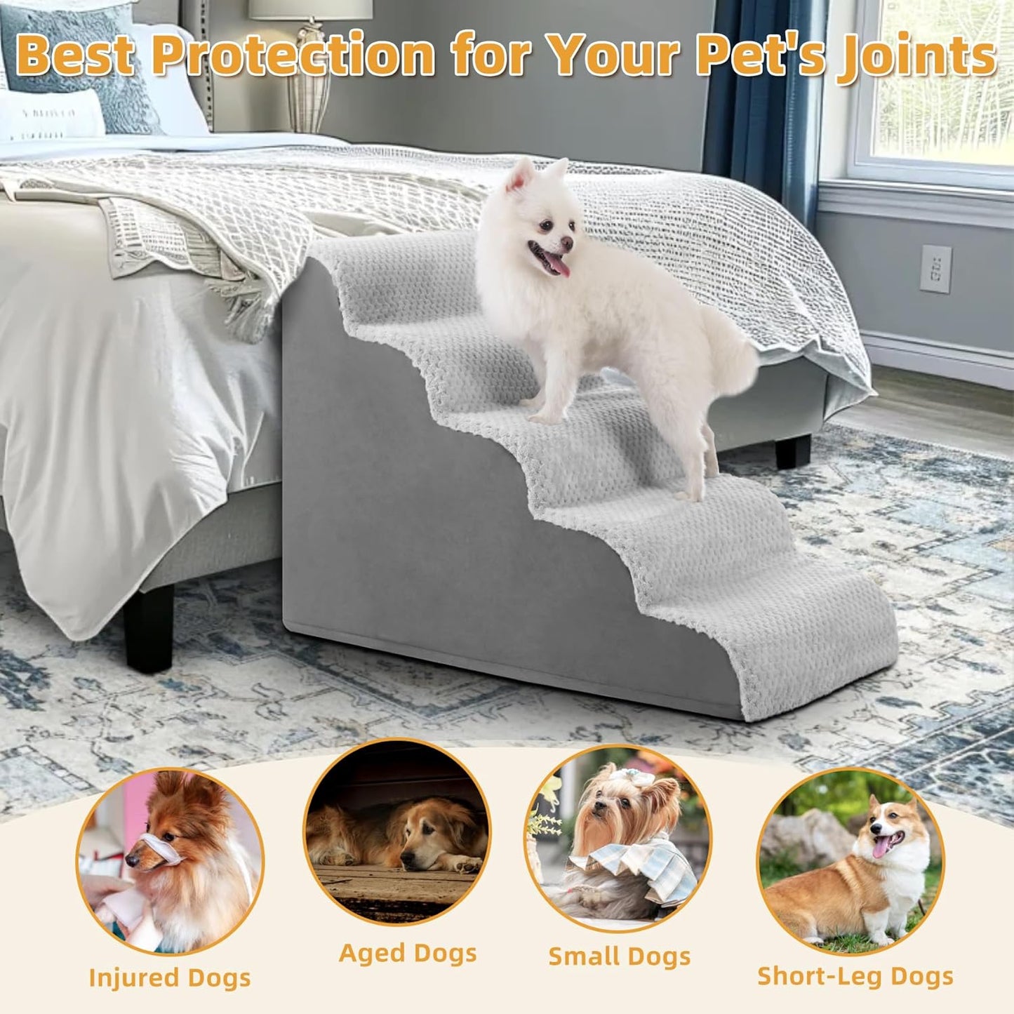 Dog Stairs Ramp, Curved 3-Step Dog Steps for Small Dogs and Cats, Pet Stairs for High Beds and Couch with Anti-Slip Washable Cover and Durable High Density Foam, Dark Grey