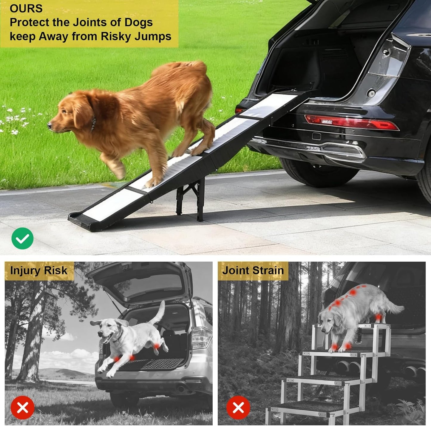 Foldable Dog Ramp for Cars, 8 Adjustable Heights Pet Ramp with Support Legs, Non-Slip & Easy to Clean Portable Dog Ramp, Supports 220 lbs, Foldable to Carry-On Size, Ideal for Large Dogs