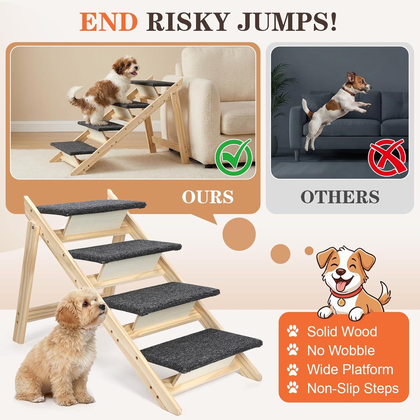 Dog Ramp, Durable Pet Stairs for High Beds, 2-in-1 Foldable Wooden Dog Steps for Couch and Car, Joint-Friendly Stairs for Senior Dogs, Non-Slip Carpeted Pet Steps with High-Weight Capacity