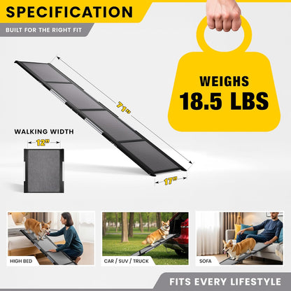 Portable Dog Ramp for Car – Foldable Dog Car Ramp for Truck, SUV, High Bed & Sofa with Anti-Slip Feet & Traction Carpet – Small to Large Breeds (63" Long & 17" Wide)