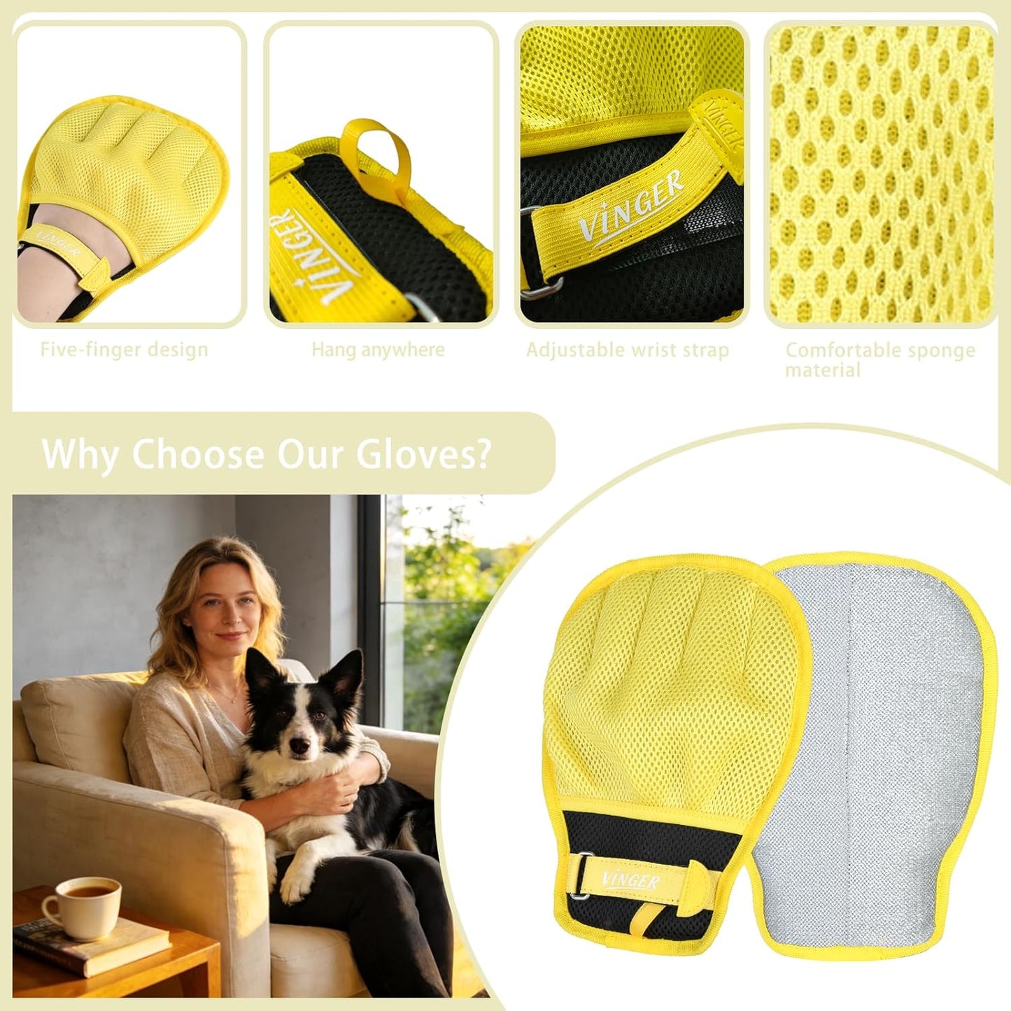 VINGER Pet Hair Removal Glove for Cats & Dogs, Electrostatic Pet Hair Gloves with Adjustable Wristband, Five-Finger Magic Brush Remover Tool for Laundry, Carpet, Couch, Car Seats & Clothing (Black)