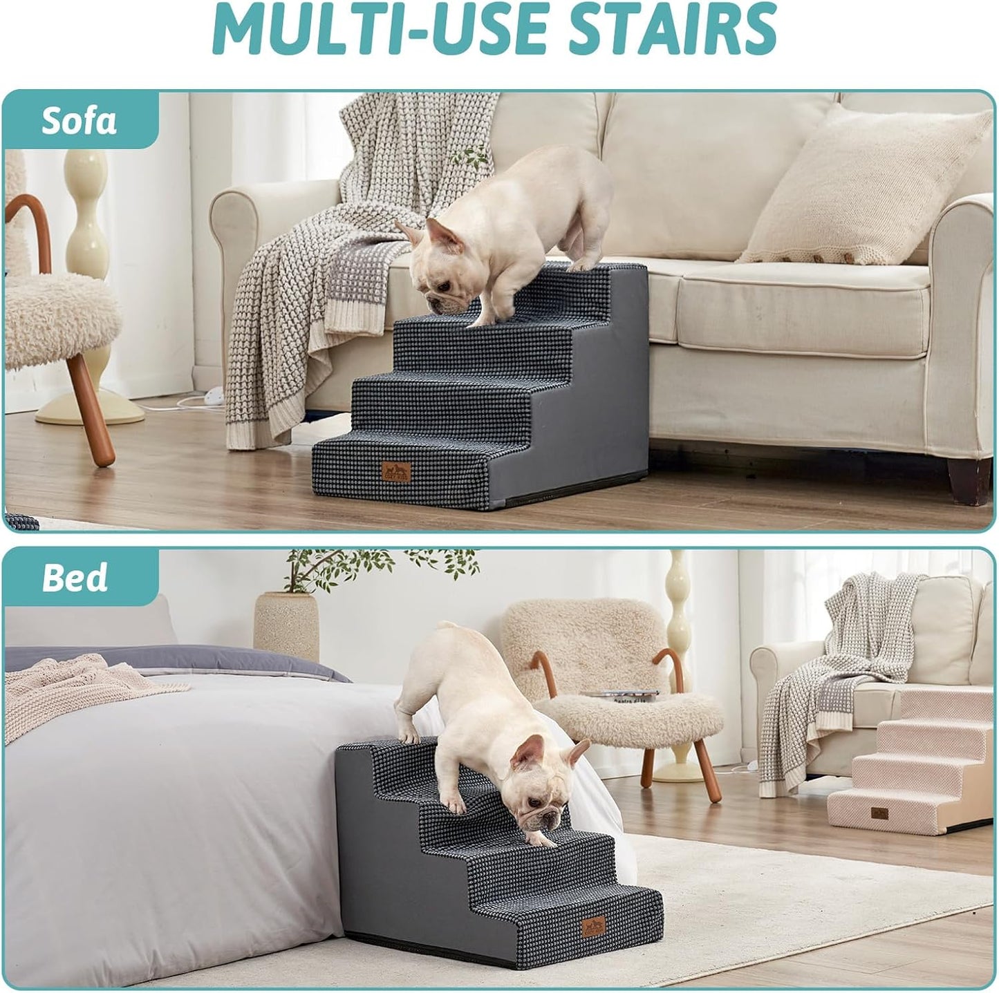COZY KISS Dog Stairs for Small Dogs, 4 Tier Wider Pet Stairs for Couch and Beds, 17.7" H Non-Slip Dog Steps for Old Cats, Puppy, Small Medium Dogs, 17.7x23.6x17.7 inch, Beige