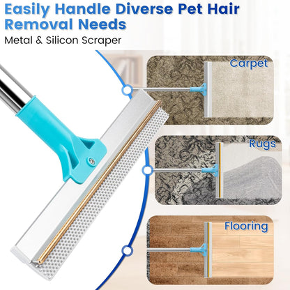 3-Pack Pet Hair Remover Tools, Carpet Rake for Pet Hair Removal, Long Handle Double-Sided Carpet Fur Removal Lint Scraper Brush Dog Cat Hair Remover for Sofa, Couch, Rug, Stairs, Clothes, Blue