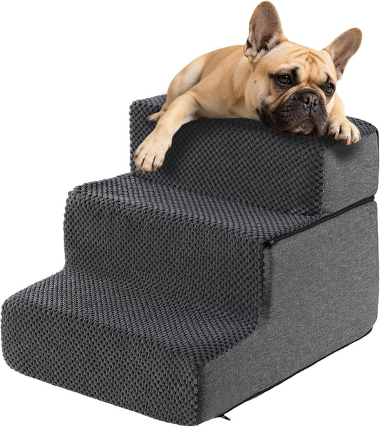 Dog Stairs for Small Dogs & Cats 13.5" H, 3-Step Non-Slip Dog Steps for Bed, Sofa and Chair, Pet Stairs with High Density Foam, Grey