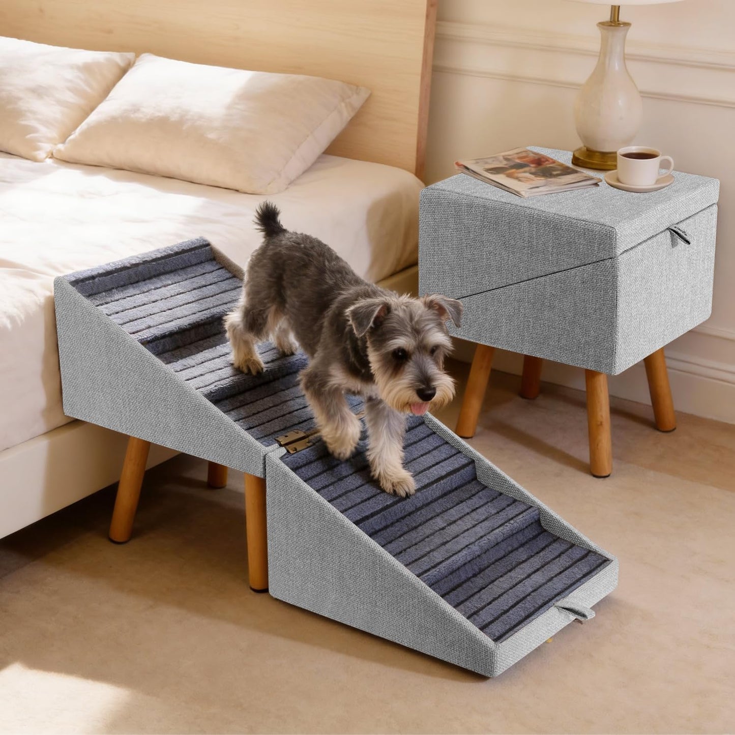 17.13" H Dog Stairs for Small Dogs, 2-in-1 Pet Steps & Ottoman - Foldable Dog Stairs for Couch, Non-Slip Wooden Pet Stairs for Puppy Senior Injured Dogs