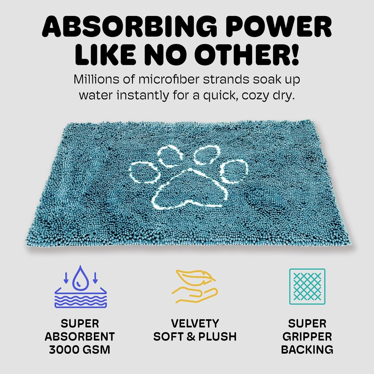 Dog Gone Smart Dirty Dog Doormat - Fast Drying Rug with Super Gripper Backing for Clean Floors - Super Absorbent and Machine Washable Mat for Muddy Paws - Grey