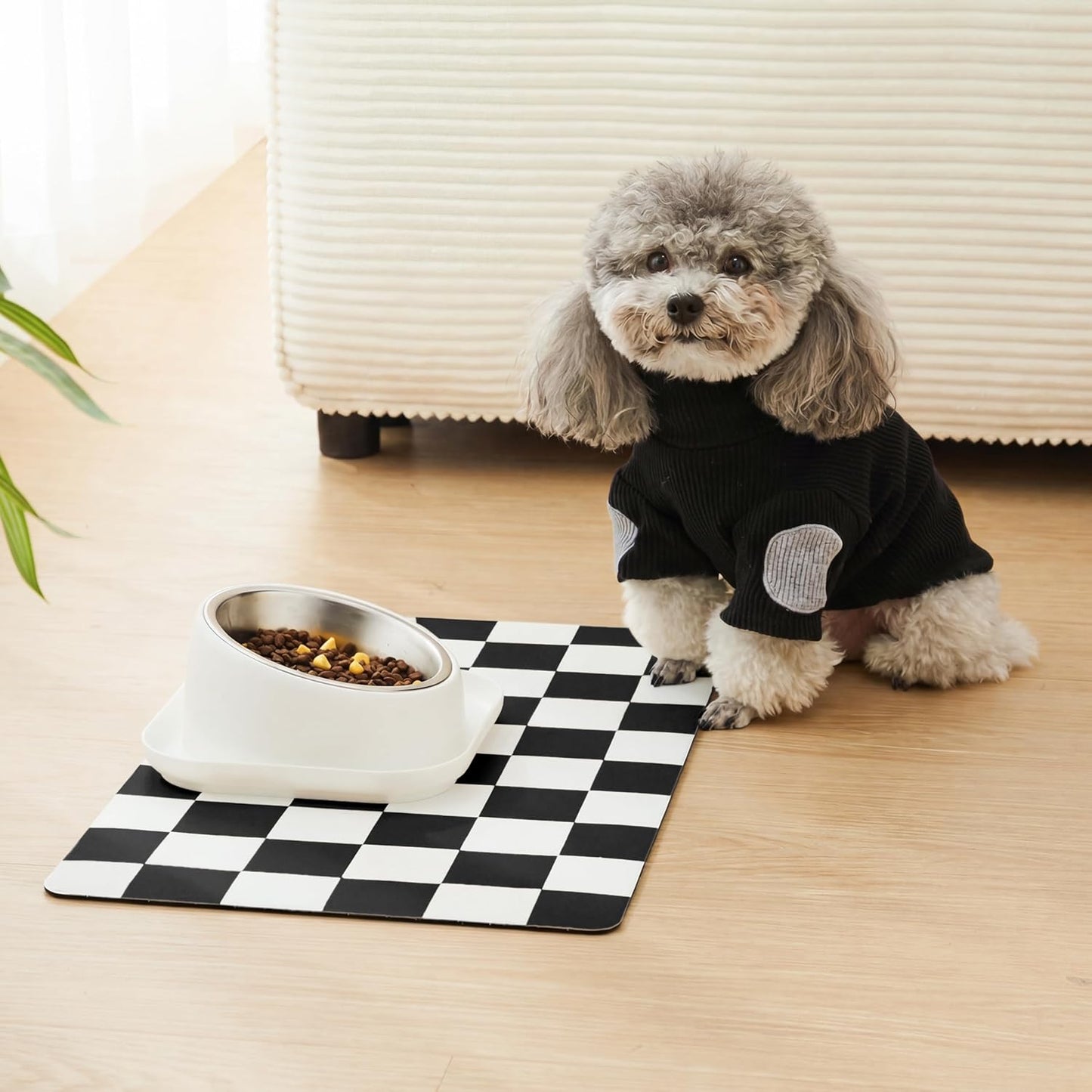 Checkered Dog Feeding Mat, Absorbent Mats for Dog Food and Water Bowl, Dispenser, Retro Aesthetic Khaki Beige Checkerboard Pet Placemat for Dogs, Cats, Puppy Accessories, 12" X 19”