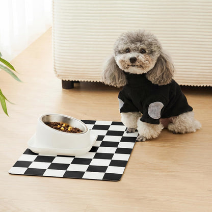 Checkered Dog Feeding Mat, Absorbent Mats for Dog Food and Water Bowl, Dispenser, Retro Aesthetic Khaki Beige Checkerboard Pet Placemat for Dogs, Cats, Puppy Accessories, 12" X 19”