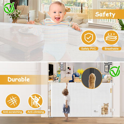 Reinforced 60” Wide Retractable Dog Gate with Cat Door Gates for Pets with Reinforced Strips 33” Tall Mesh Baby Gate Retractable Pet Gates for Dogs Indoor with Door Cats Can in and Out Freely, Gray