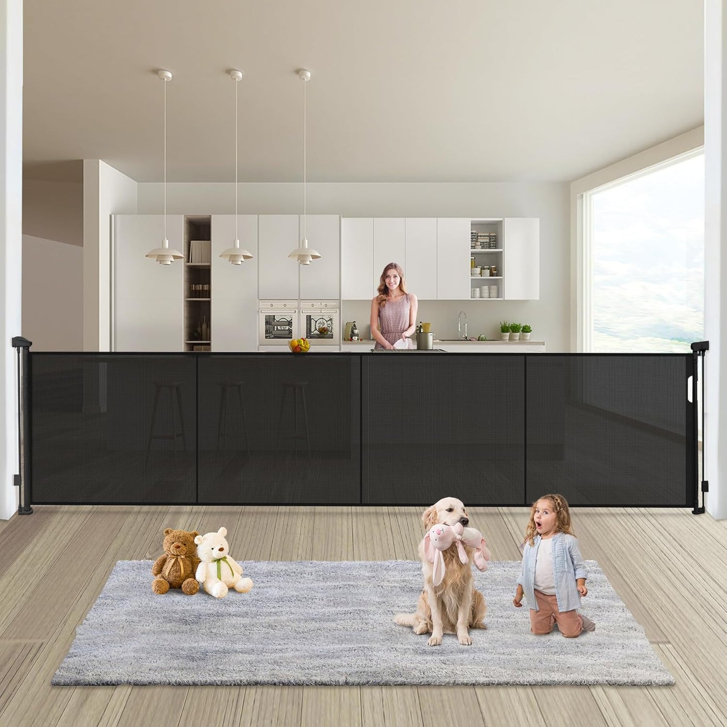 19.7ft Retractable Baby Gates Dog Gate - 236" Extra Wide Expandable Child Safety Gate,37" Tall Toddler Pet Mesh Gate with Reinforced Strips for Doorways,Stairs,Hallways,Outdoor & Indoor Large Openings