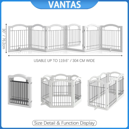 Vantas Espresso Wooden Folding Dog Gate 144" Wide x 30" Tall with Door, Freestanding Pet Gate, Pet Puppy Safety Fence