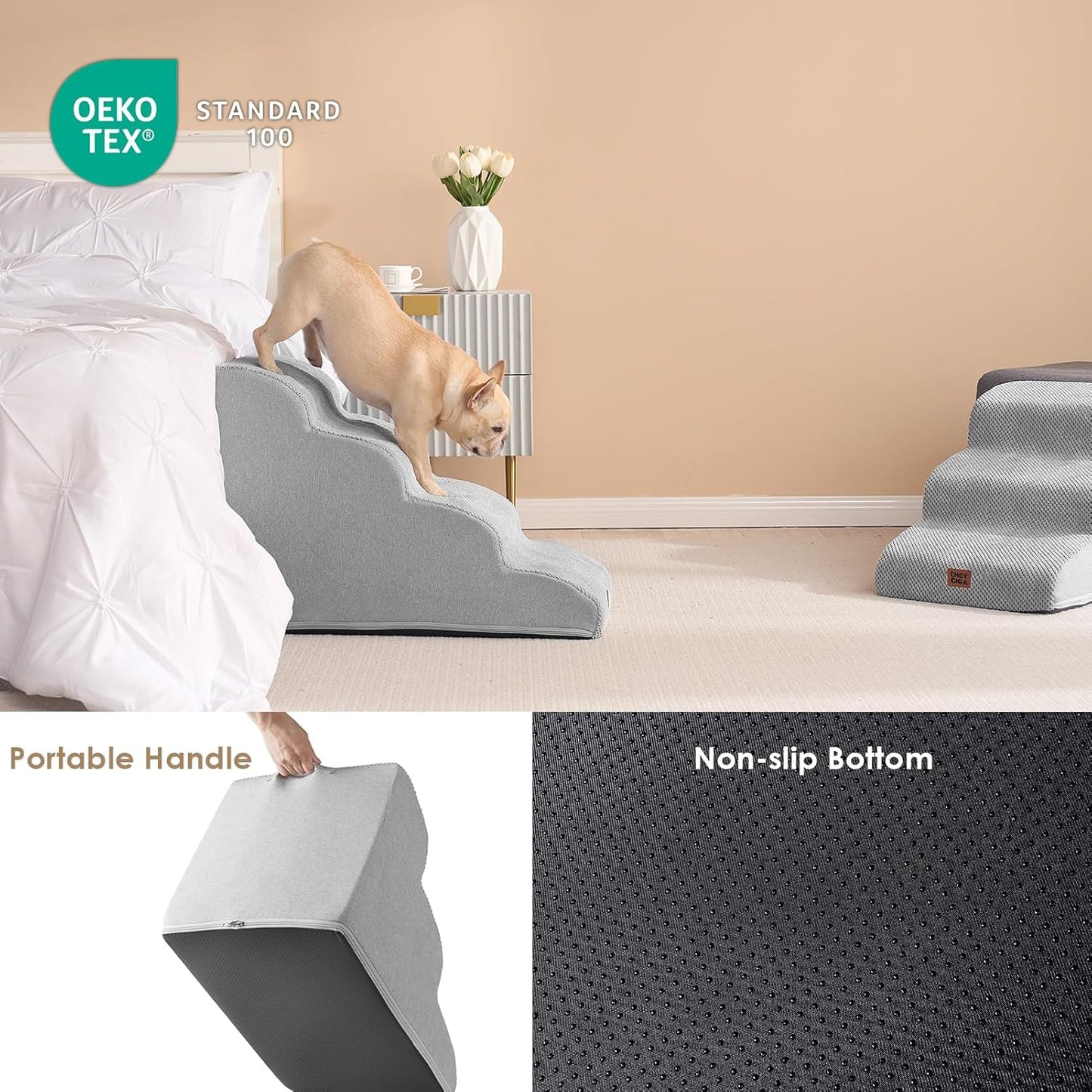 EHEYCIGA Curved Dog Stairs Ramp for High Beds 19.7" H, 4-Step Dog Steps for Small Dogs and Cats, Pet Stairs for High Bed Climbing, Non-Slip Balanced Pet Step Indoor, Grey