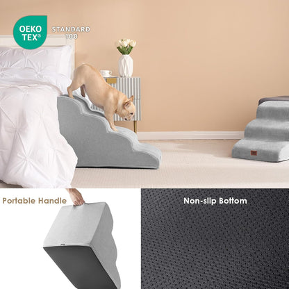 EHEYCIGA Curved Dog Stairs Ramp for High Beds 19.7" H, 4-Step Dog Steps for Small Dogs and Cats, Pet Stairs for High Bed Climbing, Non-Slip Balanced Pet Step Indoor, Grey