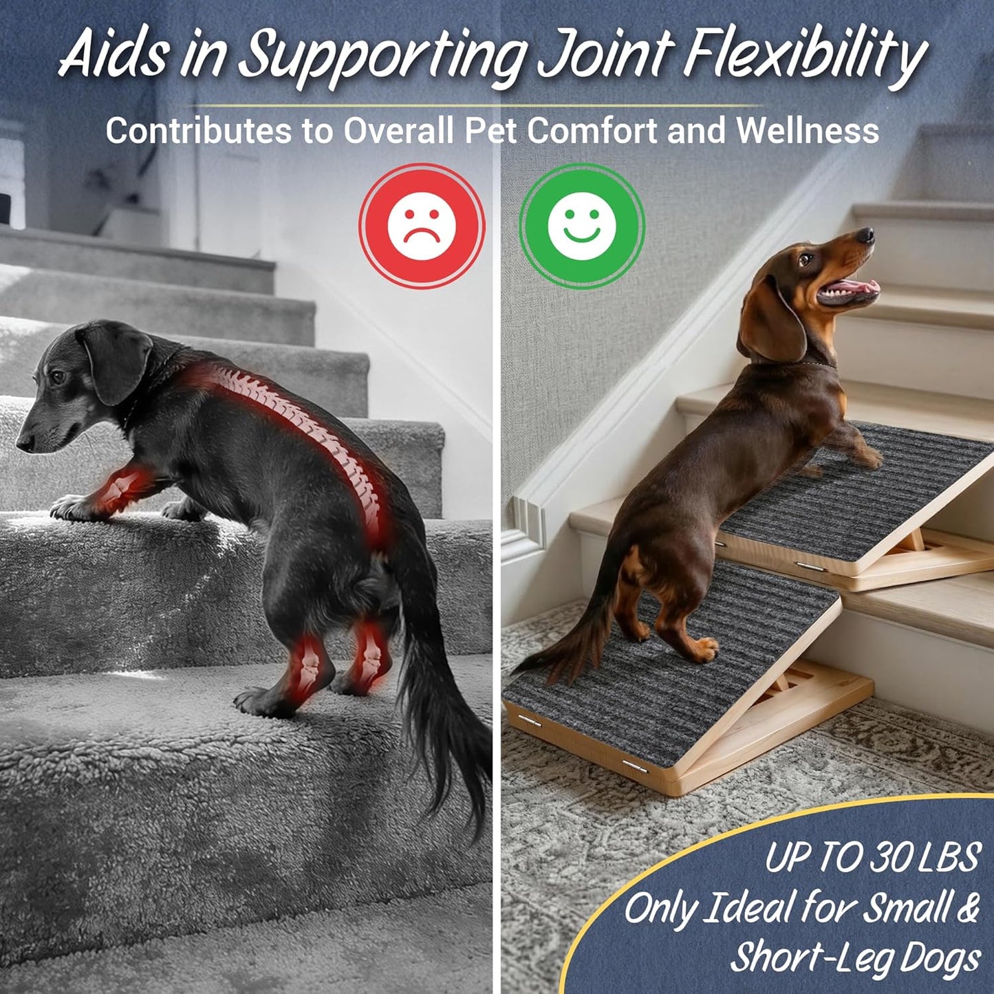 Dog Ramp for Stairs 2 Pack - Adjustable Wooden Stair Wedges for Small Dogs, Foldable Indoor Dog Stair Ramp with Triangular Support and Non-Slip Pads for Senior and Short-Legged Pets