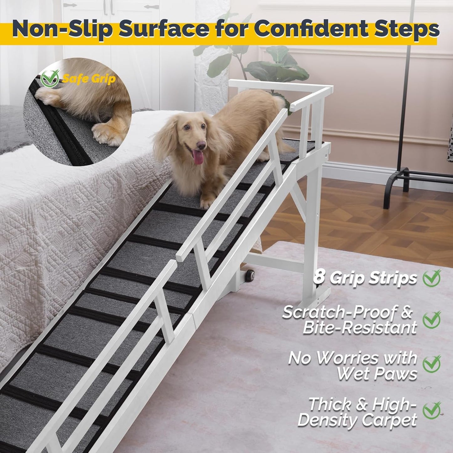 Dog Ramp for Bed or Couch, Wooden Pet Ramp with 20° Gentle Slope, Removable Side Rails, Non-Slip Surface, Top Platform & Wheels, Safe Bed Ramp for Small, Large & Senior Dogs, 60" Long, Mahogany