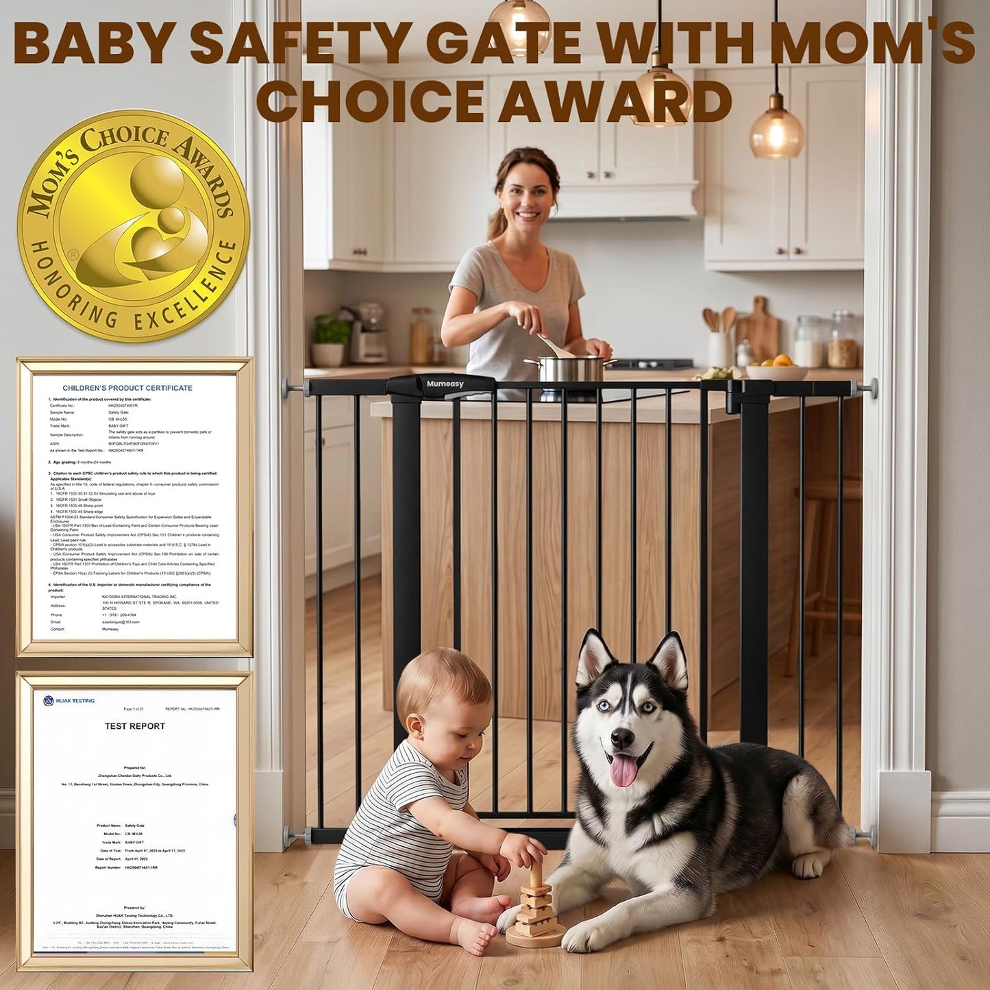 Mumeasy 29.7-46" Baby Gate for Stairs, Pressure Mounted Dog Gate for Doorways, Auto Close Walk Through Pet Gate Indoor, Extra Wide Metal Child Safety Gate, Mom's Choice Awards Winner, Black