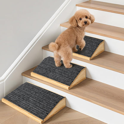 4-Pack Wooden Dog Ramp for Stairs, Anti-Slip Pet Steps for Small Dogs with Carpet Surface, Low-Angled Pet Ramps for Staircase, Steps and Stairs Assist for Injured & Aged Pets, Stairs Ramp for Dogs