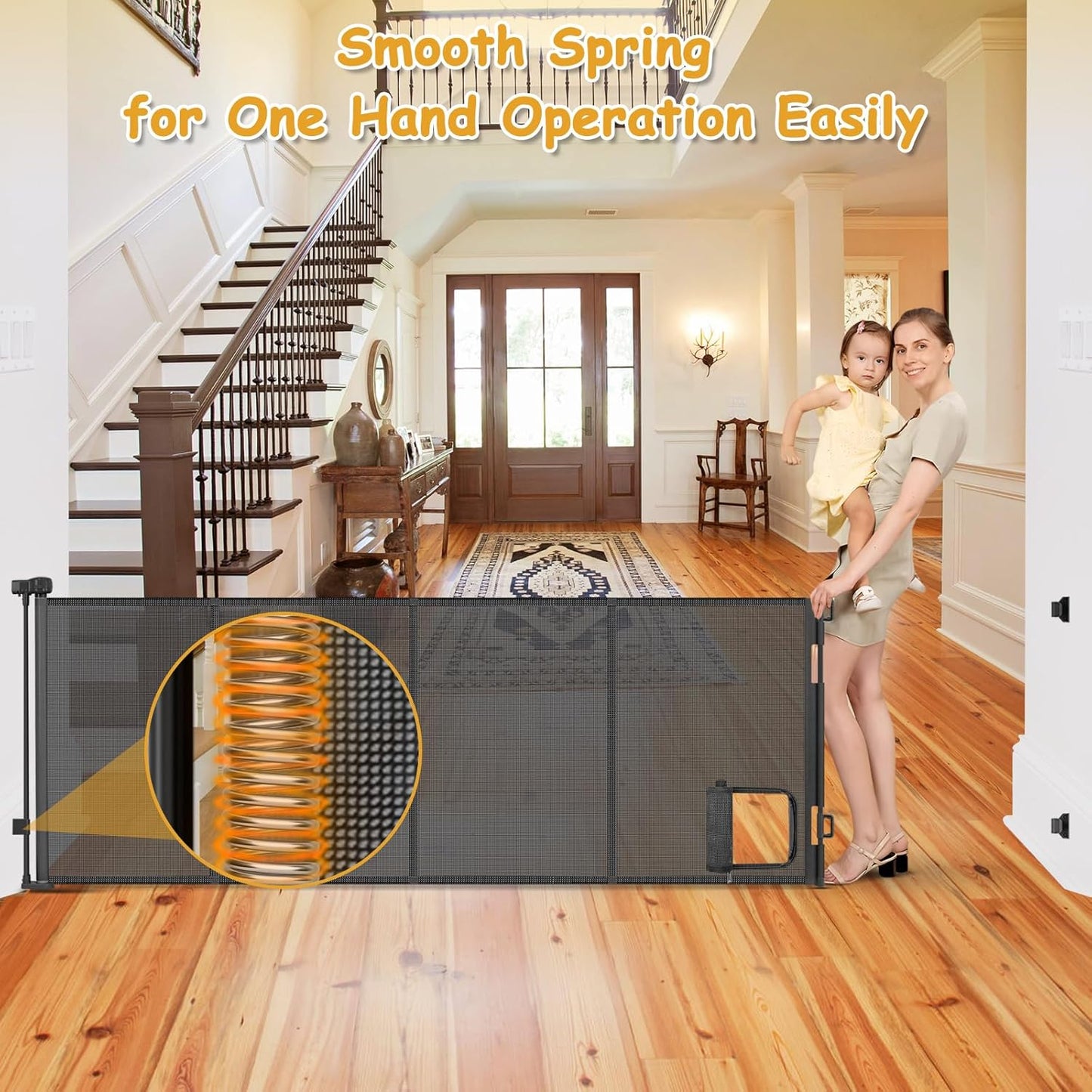Reinforced 120 Inch Wide Retractable Baby Gates Extra Wide Pet Gate with Cat Door 10ft Extra Long Baby Gates for Large Openings 33 Inch Tall Reinforced Strips Retractable Dog Gate with Cat Door, Black