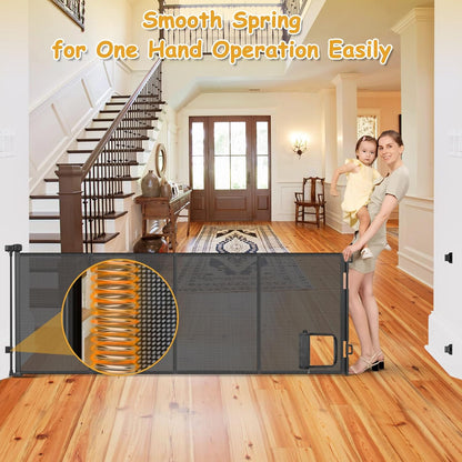 Reinforced 120 Inch Wide Retractable Baby Gates Extra Wide Pet Gate with Cat Door 10ft Extra Long Baby Gates for Large Openings 33 Inch Tall Reinforced Strips Retractable Dog Gate with Cat Door, Black