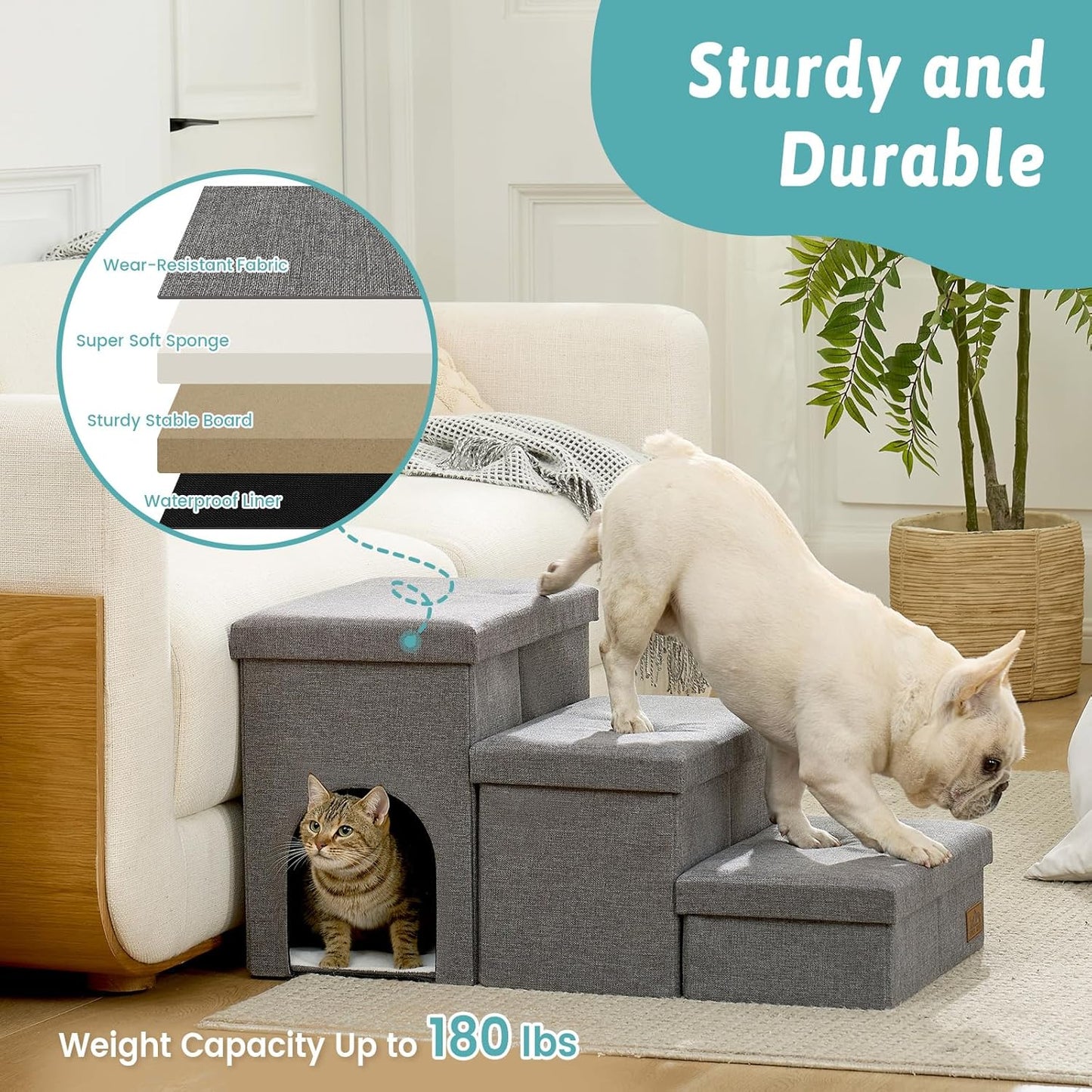 Dog Stairs with Storage, 4-Step Wider Sturdy Dog Steps for Small/Medium/Large Dogs and Older Cats, Folding Doggie Ramp for Bed/Couch/Car Hold Up to 180 lbs (22" H, Brown)