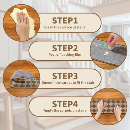 Non-Slip Stair Treads for Wooden Steps 15pcs,8"x30" Stair Carpet Treads for Indoor Use,Peel and Stick Stair Runners,Washable Reusable Adhesive Backing,Pet-Friendly Stair Capet for Kids,Elders,Dogs