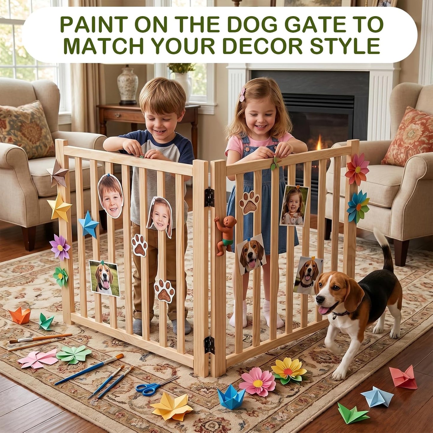 Wooden Freestanding Dog Gates,23" H Foldable Wood Pet Gate Indoor, No-Painted Puppy Gate for Doorways, Stairs, 23" Height-2 Panels