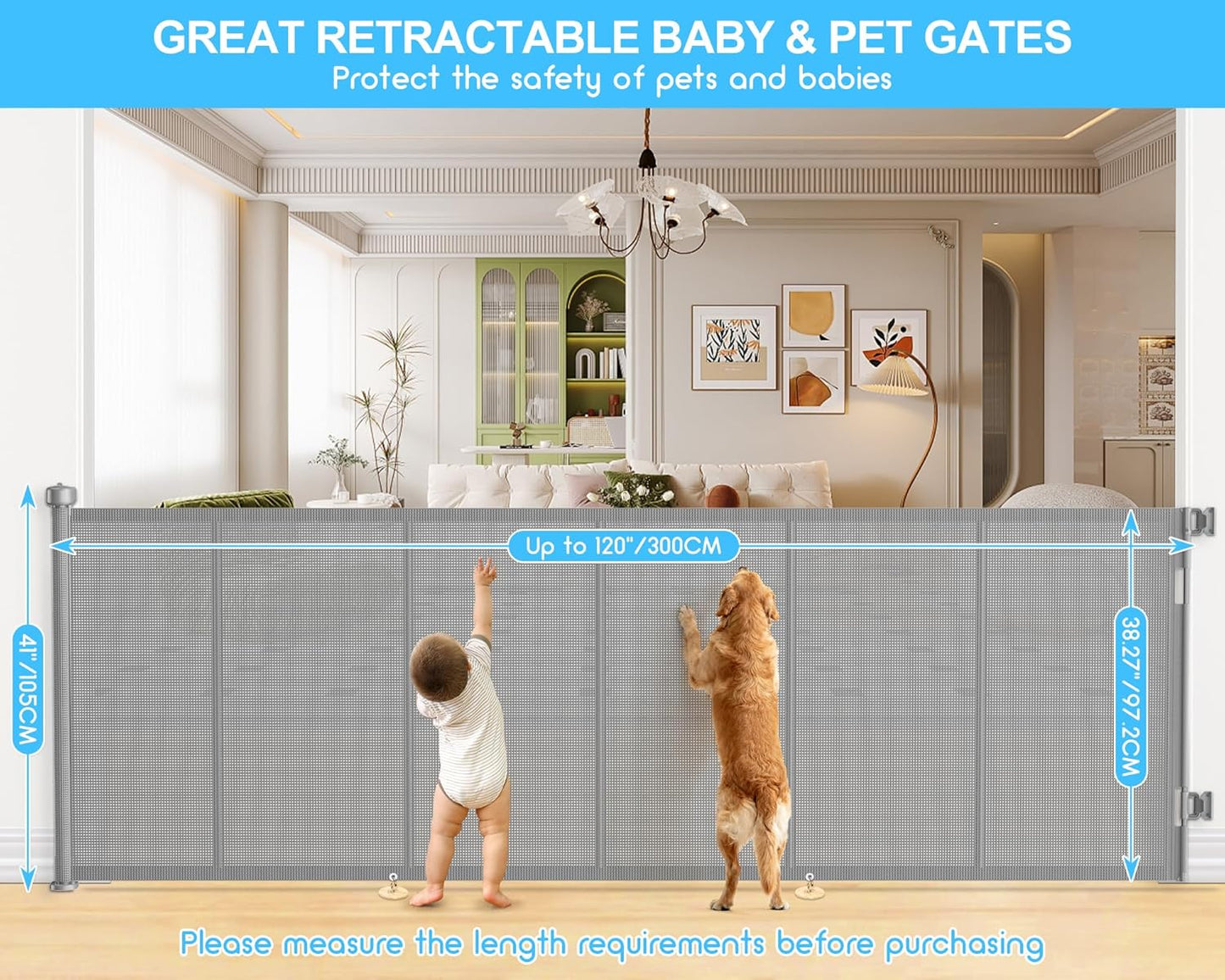 Upgrade 120 inch Retractable Baby Gates, EZIGO Extra Wide Baby Gate for Large Opening Extra Long Mesh Gate for Kids or Pet Dog Gate Child Safety Gate for Stairs Hallways Doorway Indoor Outdoor, Gray